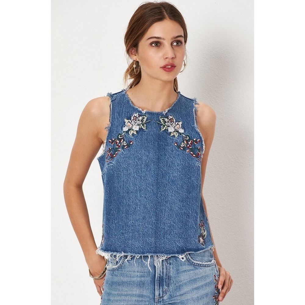 Tularosa Nairobi Blue Denim Floral Embroidered Distressed Scarlett Tank Top XS